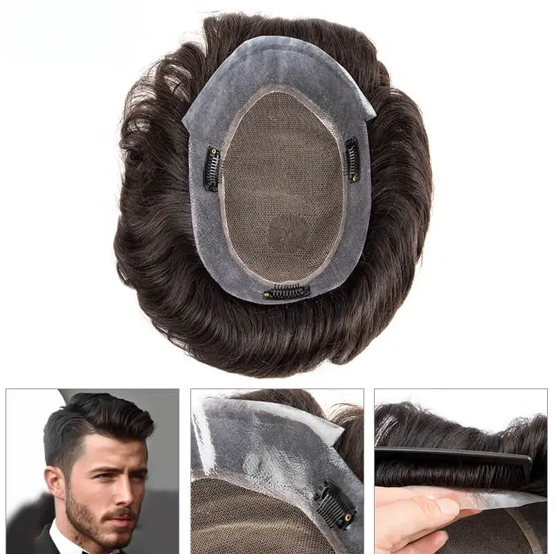 Toupee With Clips French Lace & PU Base Clip-On Men's Wigs Replacement Natural Human Hair Systems