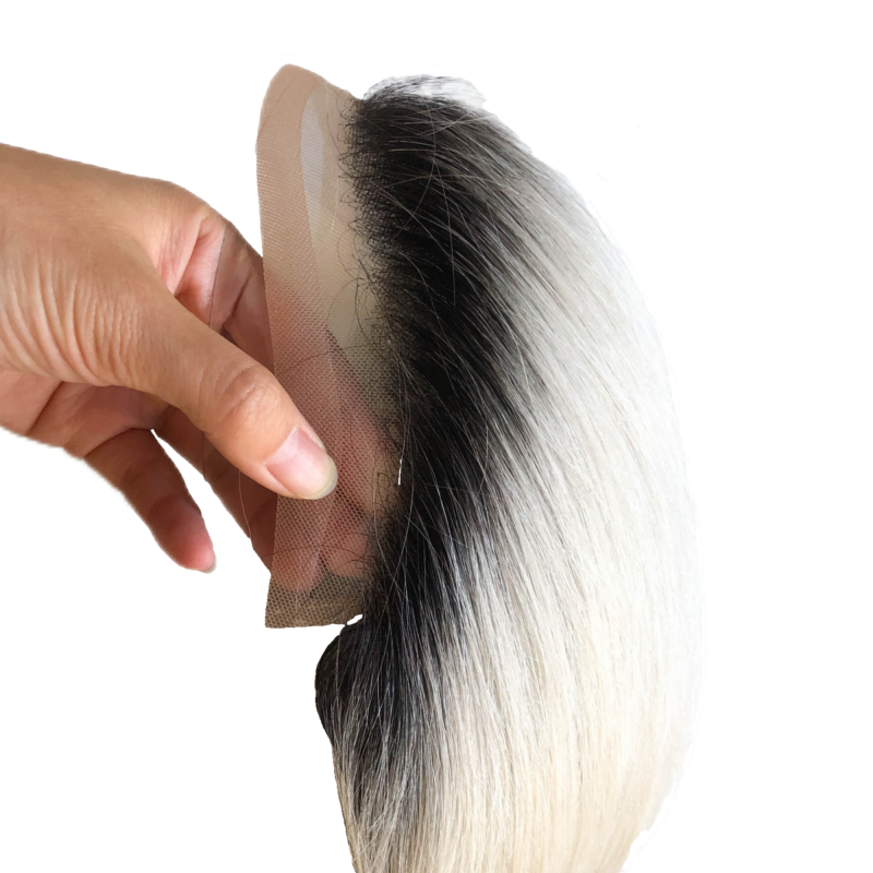 Mens Hair Replacement System 1B Off Black Rooted Ombre #60 Platinum Blonde Color Thin Skin French Lace Toupee For Men Human Hair