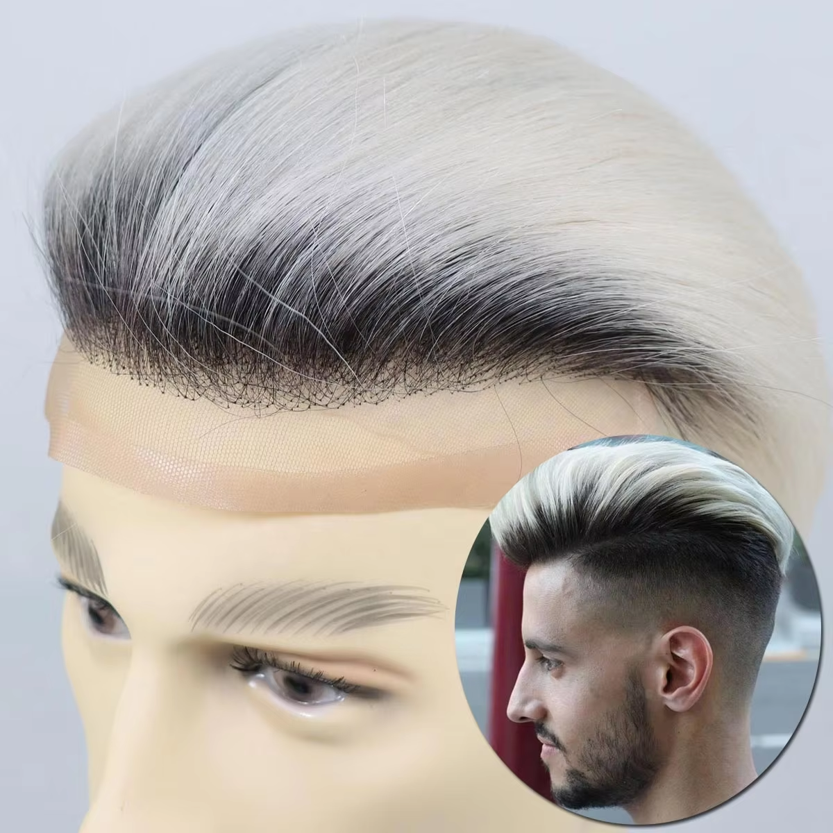 Mens Hair Replacement System 1B Off Black Rooted Ombre #60 Platinum Blonde Color Thin Skin French Lace Toupee For Men Human Hair