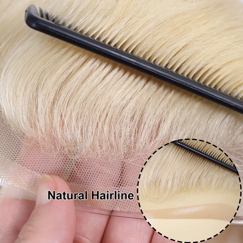 Utoupee #613 Blonde Men's Human Hair Toupee Hairpiece Lace + PU Thin Skin Hair Replacement Hair System