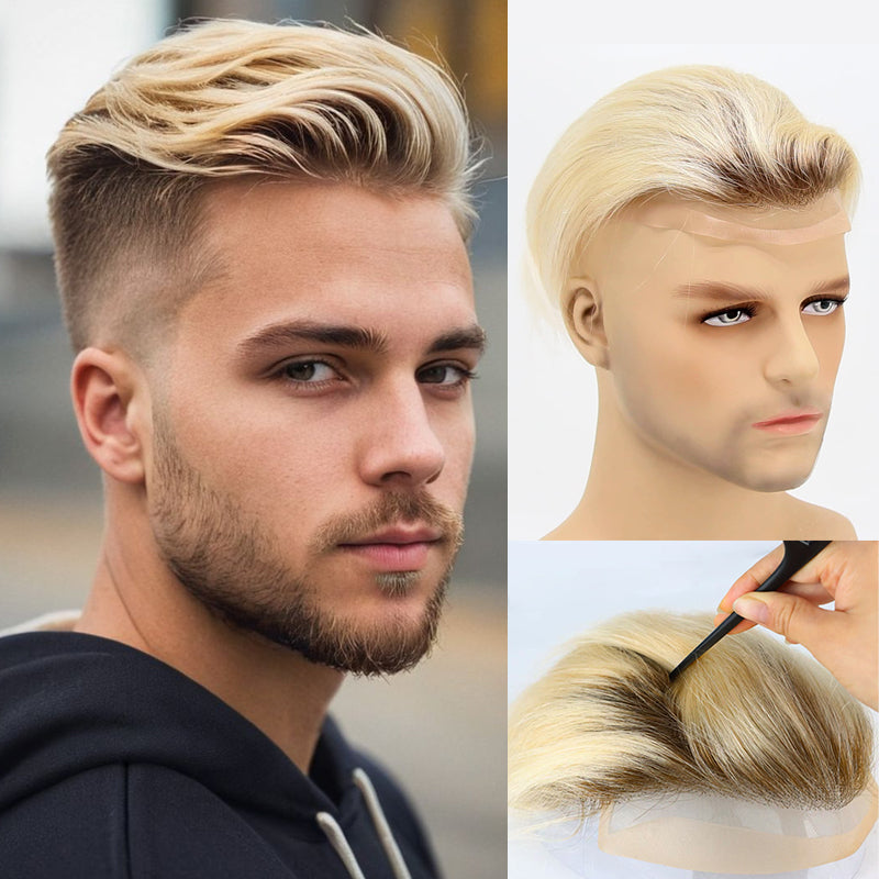 Ombre Blonde Men's Human Hair Toupee Wig Mens Replacement System Mono with PU around Base Wig Toupee