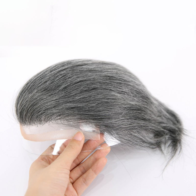 #1B60 Silver Grey Human Hair Toupee Wig Mens Replacement System Mono with PU around Base Wig Toupee
