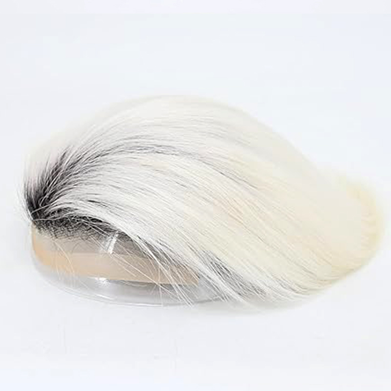 #1B60 Silver Grey Human Hair Toupee Wig Mens Replacement System Mono with PU around Base Wig Toupee