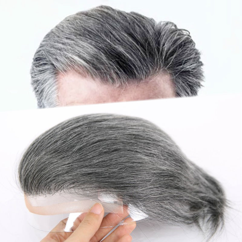 #1B60 Silver Grey Human Hair Toupee Wig Mens Replacement System Mono with PU around Base Wig Toupee