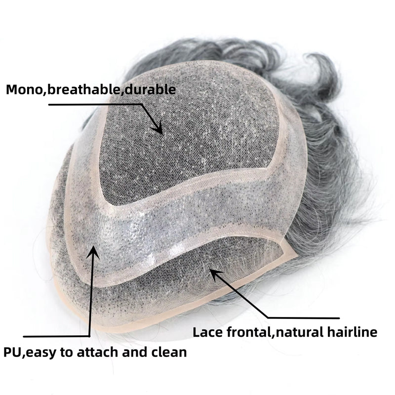 #1B80 Gray Hair Pieces High Quality Toupee Wig Mens Replacement System Mono with PU around Base Wig Toupee
