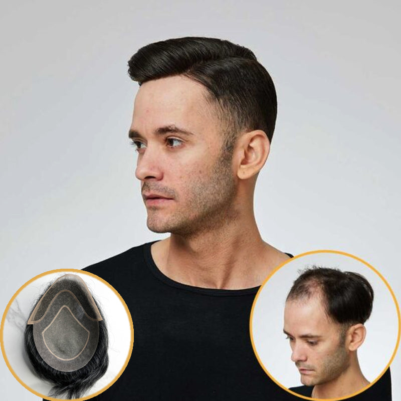 #1 Black Thin Skin French Lace Mono Men's Hair System Human Hair Toupee For Men