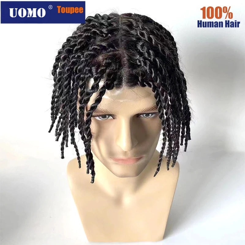 Afro Kinky Twist Crochet Braids Hair for Men Full PU Poly Thin Skin Hair Piece Mens Wig