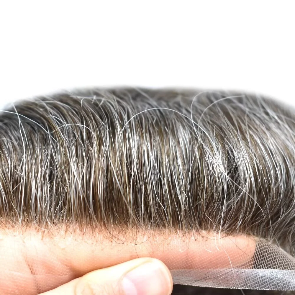 6*8 inches Base #350 Dark Brown with 50% Gray Human Hair Replacement System