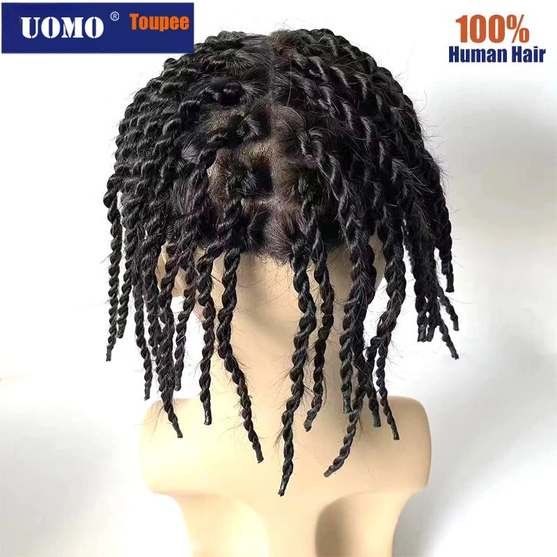 Afro Kinky Twist Crochet Braids Hair for Men Full PU Poly Thin Skin Hair Piece Mens Wig