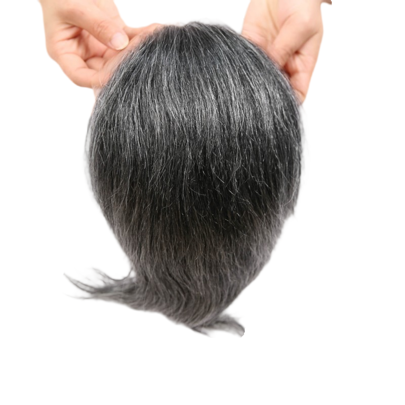 #1B10 Dark Salt Pepper Human Hair Toupee Wig Mens Replacement System Mono with PU around Base Wig Toupee