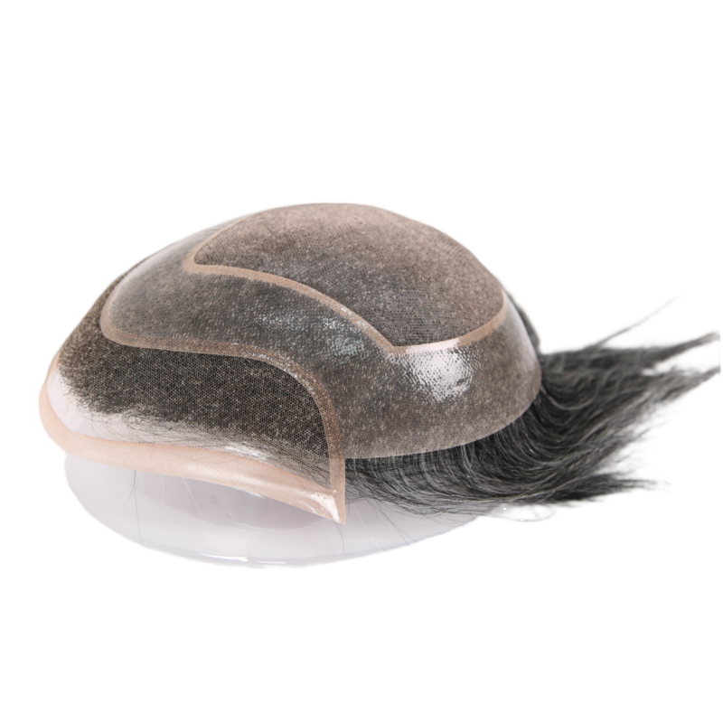 #1B10 Dark Salt Pepper Human Hair Toupee Wig Mens Replacement System Mono with PU around Base Wig Toupee
