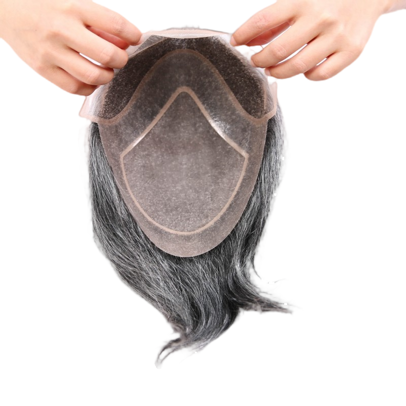 #1B10 Dark Salt Pepper Human Hair Toupee Wig Mens Replacement System Mono with PU around Base Wig Toupee