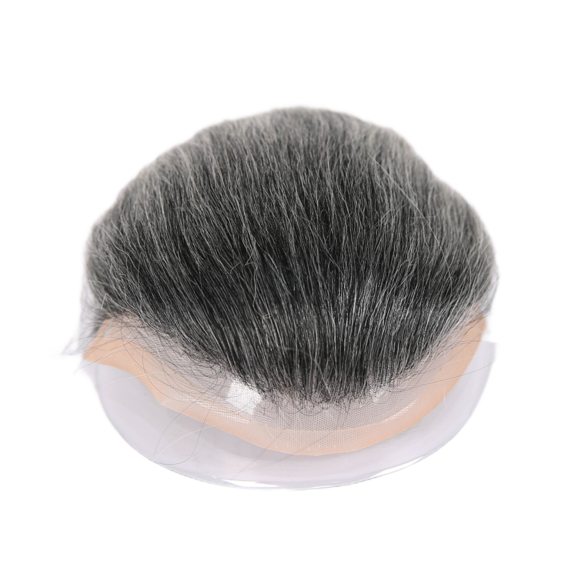 #1B10 Dark Salt Pepper Human Hair Toupee Wig Mens Replacement System Mono with PU around Base Wig Toupee