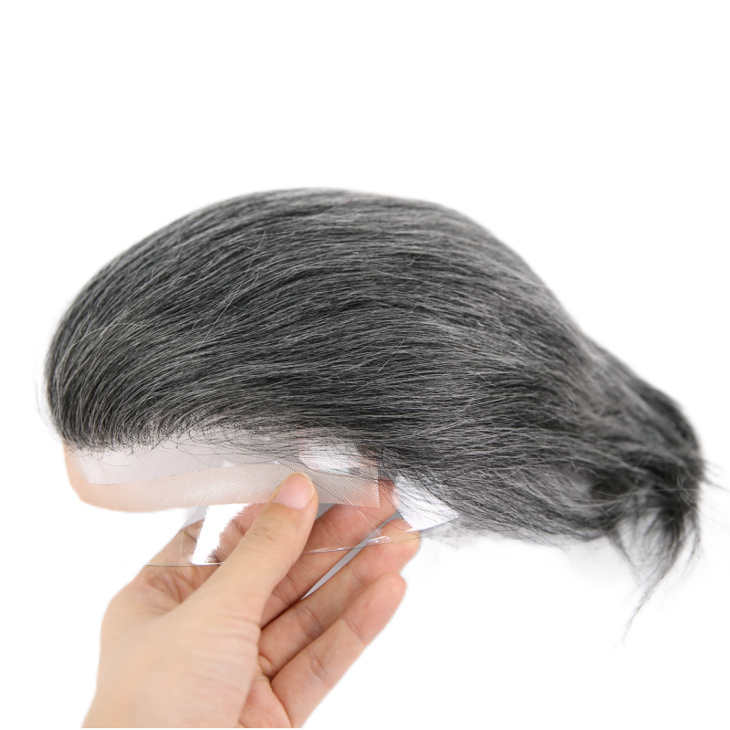 #1B10 Dark Salt Pepper Human Hair Toupee Wig Mens Replacement System Mono with PU around Base Wig Toupee