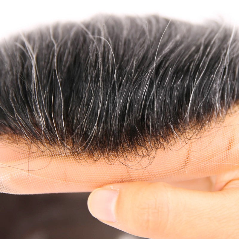 #1B10 Dark Salt Pepper Human Hair Toupee Wig Mens Replacement System Mono with PU around Base Wig Toupee