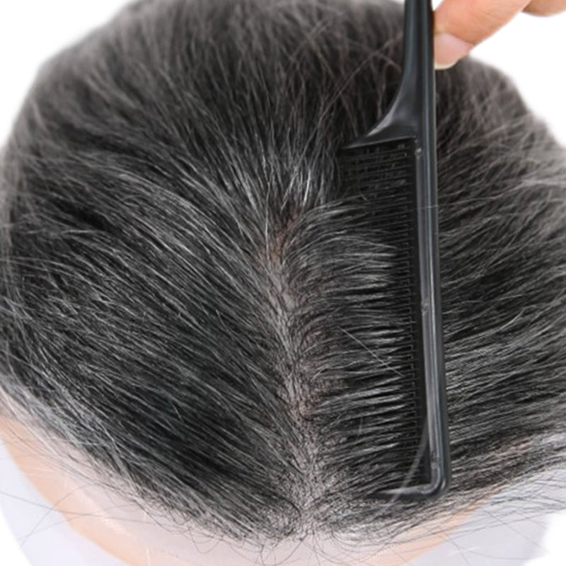 #1B10 Dark Salt Pepper Human Hair Toupee Wig Mens Replacement System Mono with PU around Base Wig Toupee