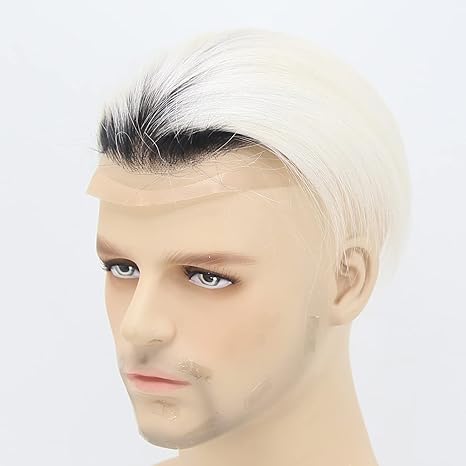 Mens Hair Replacement System 1B Off Black Rooted Ombre #60 Platinum Blonde Color Thin Skin French Lace Toupee For Men Human Hair