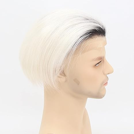 Mens Hair Replacement System 1B Off Black Rooted Ombre #60 Platinum Blonde Color Thin Skin French Lace Toupee For Men Human Hair