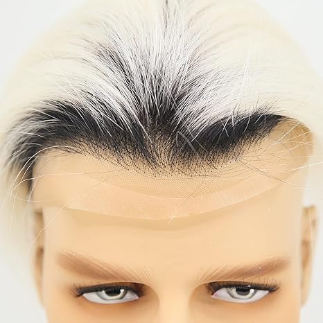 Mens Hair Replacement System 1B Off Black Rooted Ombre #60 Platinum Blonde Color Thin Skin French Lace Toupee For Men Human Hair