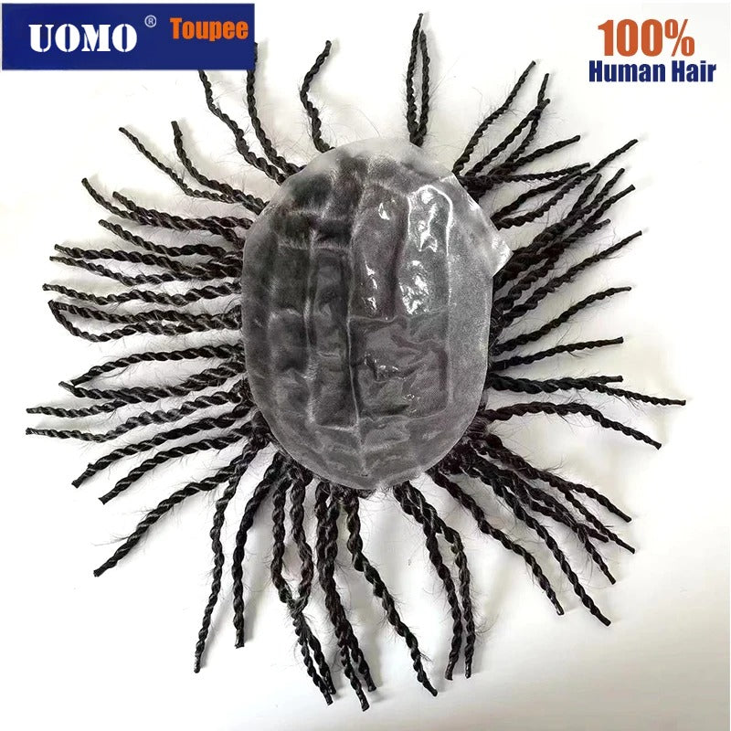 Afro Kinky Twist Crochet Braids Hair for Men Full PU Poly Thin Skin Hair Piece Mens Wig