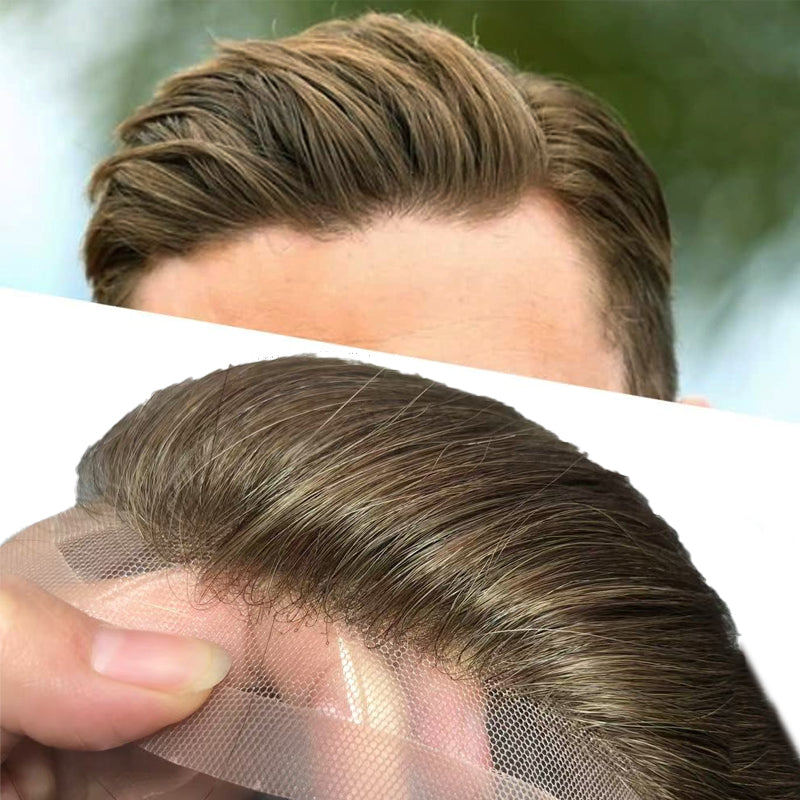 #1B60 Silver Grey Human Hair Toupee Wig Mens Replacement System Mono with PU around Base Wig Toupee