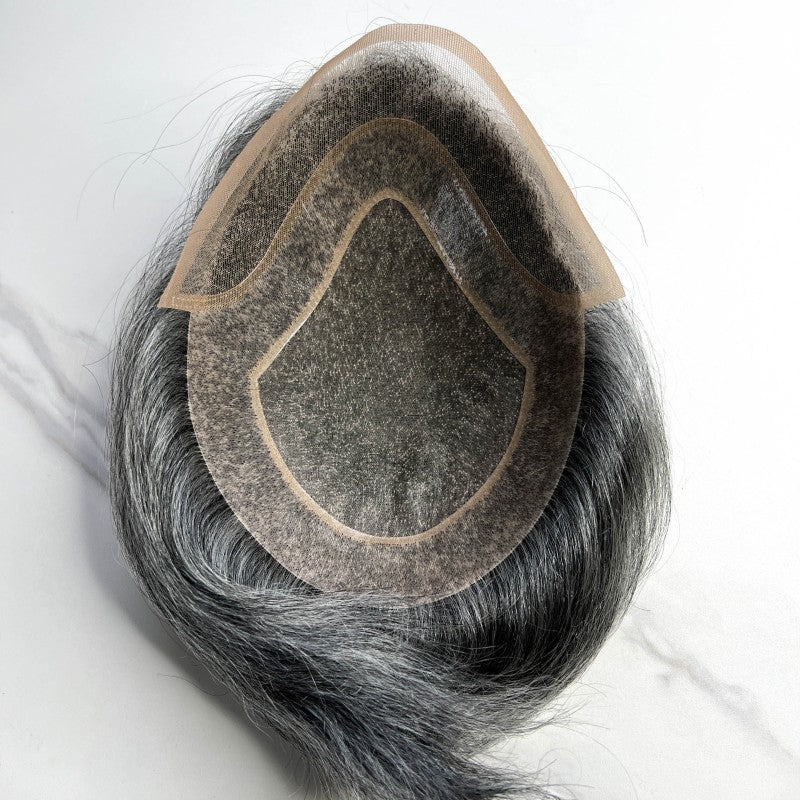 #1B60 Silver Grey Human Hair Toupee Wig Mens Replacement System Mono with PU around Base Wig Toupee