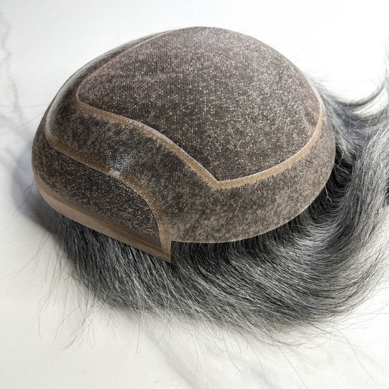 #1B60 Silver Grey Human Hair Toupee Wig Mens Replacement System Mono with PU around Base Wig Toupee