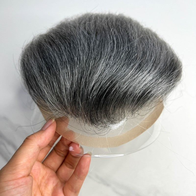 #1B60 Silver Grey Human Hair Toupee Wig Mens Replacement System Mono with PU around Base Wig Toupee