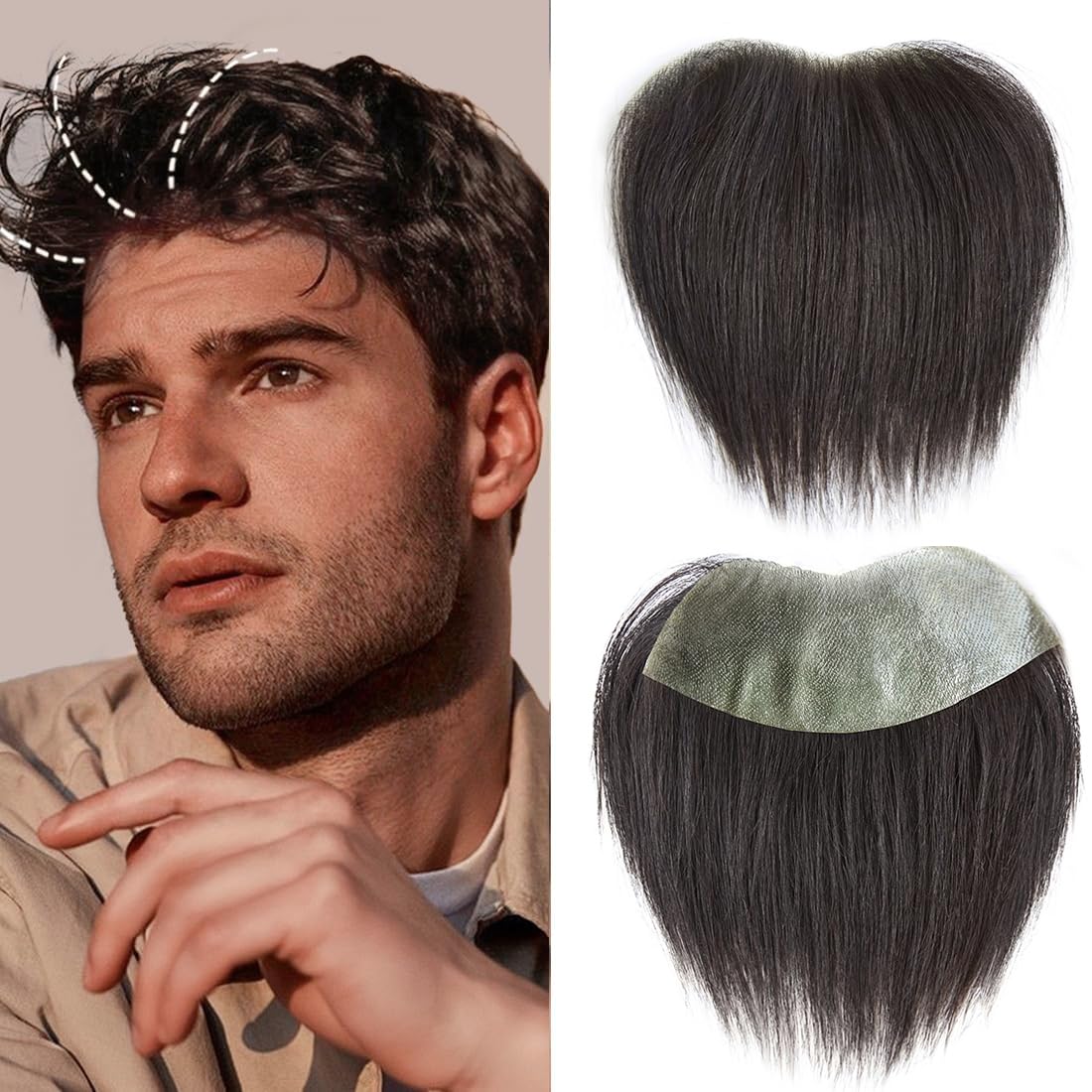 Frontal Hairpiece for Men Uomohair Men's Hairline Replacement Toupee | Natural-Looking 100% Human Hair Topper | Cinnamon Sugar Straight Tape-In Non-Slip Hairpiece for Thinning Hair (Comfort Fit)