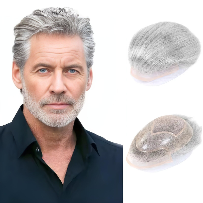#1B80 Gray Hair Pieces High Quality Toupee Wig Mens Replacement System Mono with PU around Base Wig Toupee