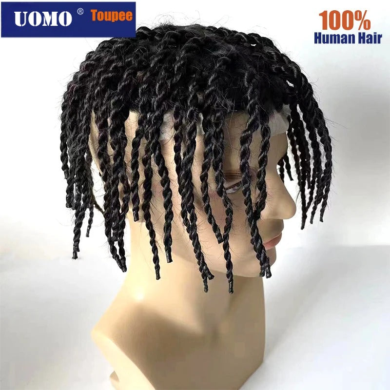 Afro Kinky Twist Crochet Braids Hair for Men Full PU Poly Thin Skin Hair Piece Mens Wig