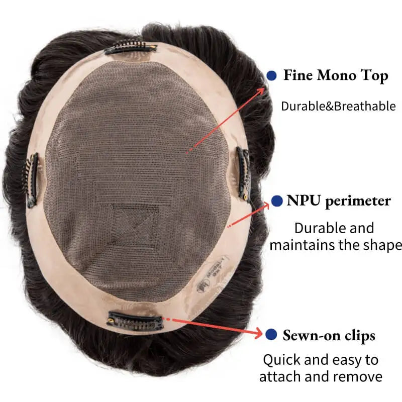 Men’s Clip-On Hairpieces for Thinning Hair designed with Fine Mono and PU Perimeter
