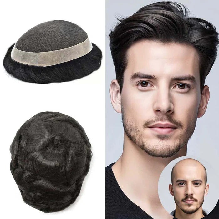 French Lace Hair System for Men PU Coated Mens Hairpiece Center Lace Human Toupee for Men