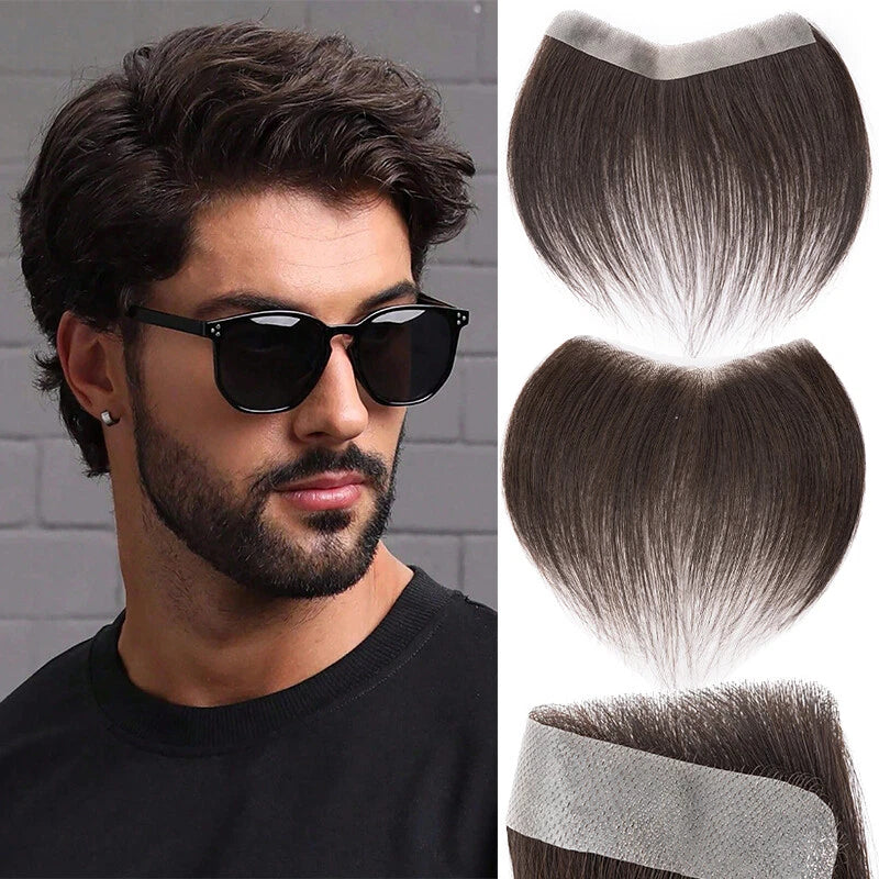 Men Forehead Hairline Toupee 100% Human Hair Skin PU Frontal Hair Patch