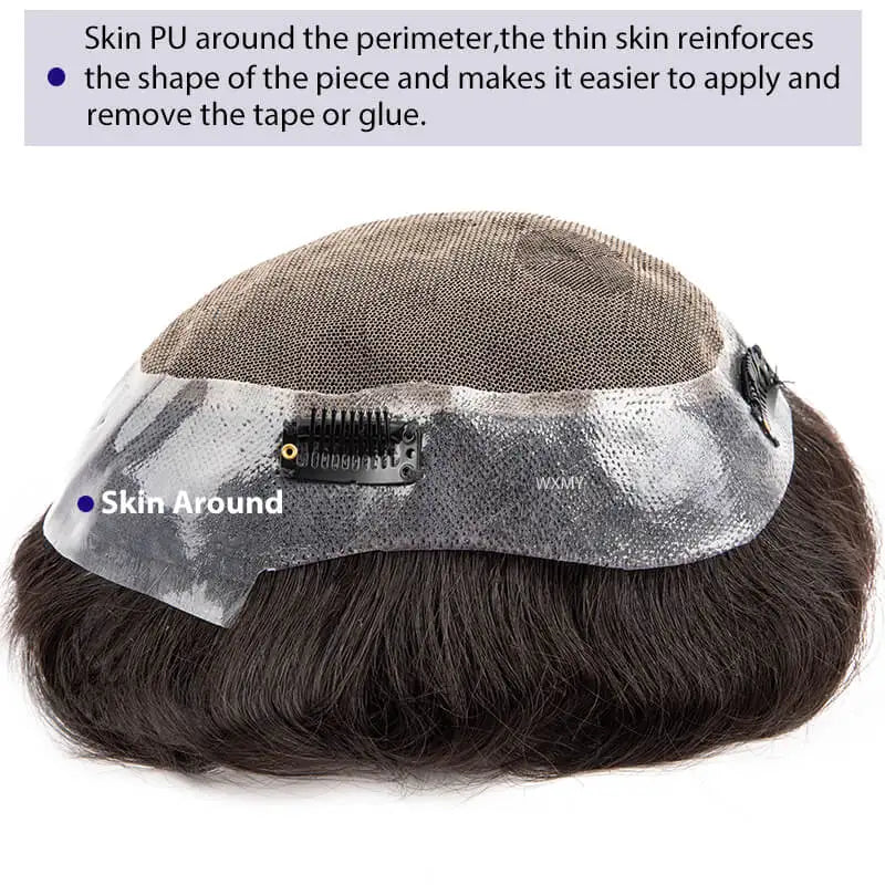 Toupee With Clips French Lace & PU Base Clip-On Men's Wigs Replacement Natural Human Hair Systems