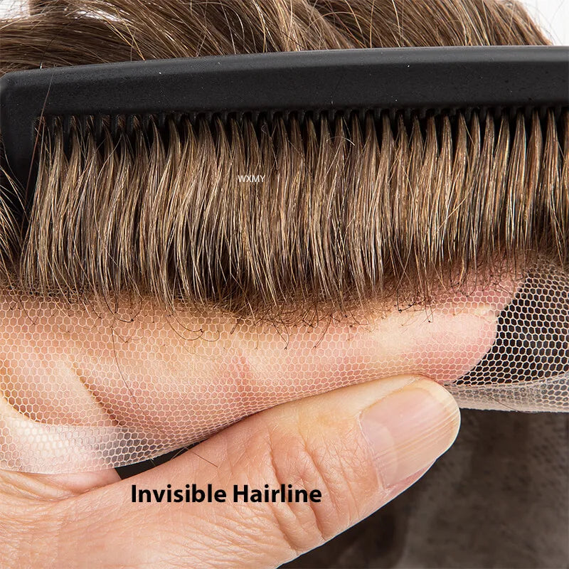 Men's Toupee Mono & Pu With Swiss Lace Front Natural Human Hair Wigs For Men