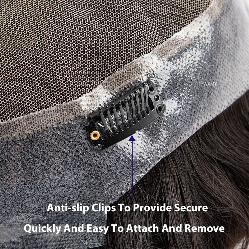 Toupee With Clips French Lace & PU Base Clip-On Men's Wigs Replacement Natural Human Hair Systems