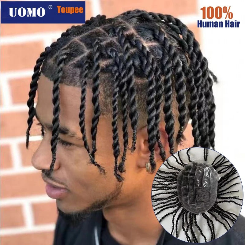 Afro Kinky Twist Crochet Braids Hair for Men Full PU Poly Thin Skin Hair Piece Mens Wig