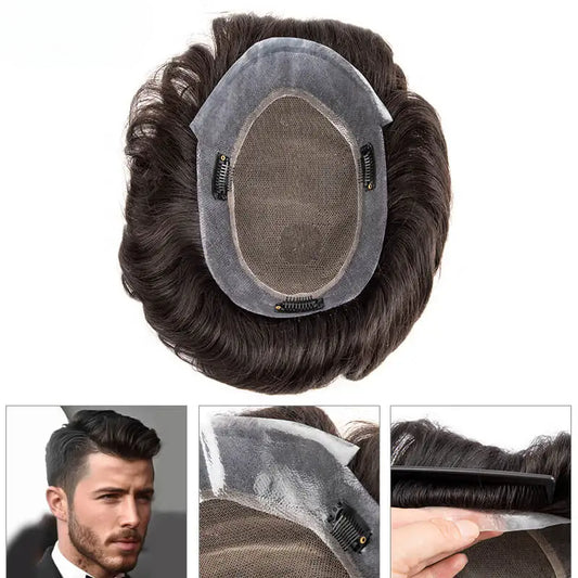 Toupee With Clips French Lace & PU Base Clip-On Men's Wigs Replacement Natural Human Hair Systems