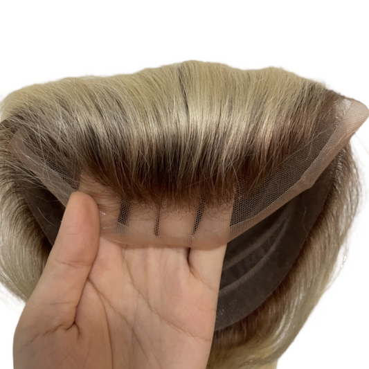 Rooted Blonde Color Thin Skin French Lace Toupee For Men Human Hair