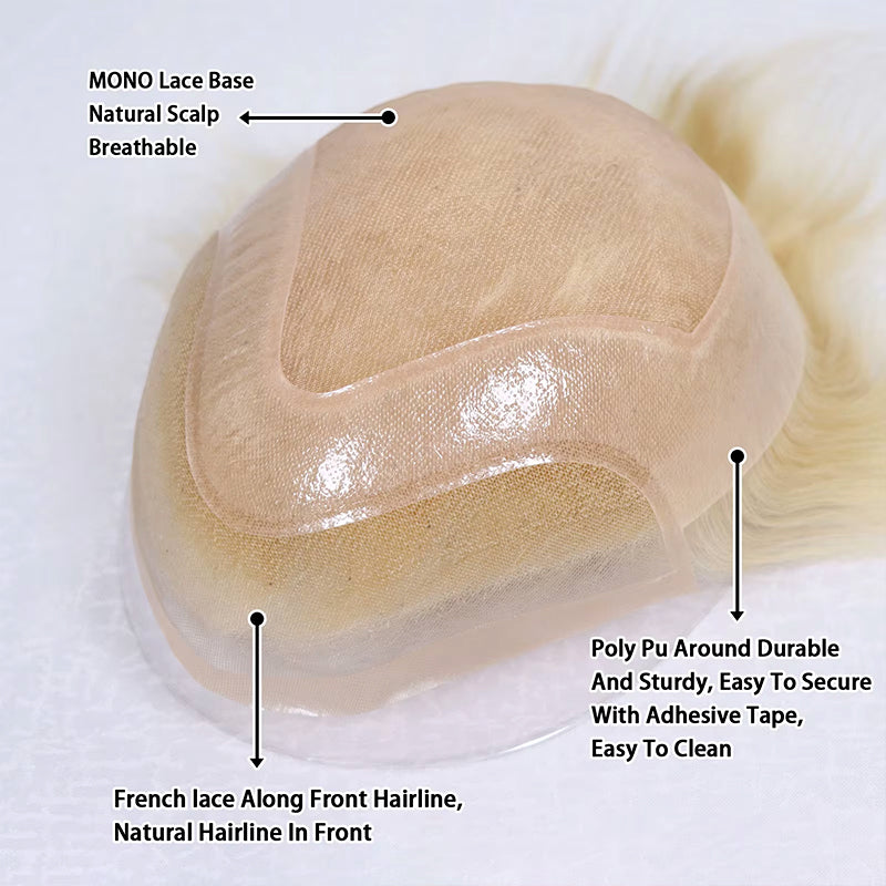 Utoupee #613 Blonde Men's Human Hair Toupee Hairpiece Lace + PU Thin Skin Hair Replacement Hair System