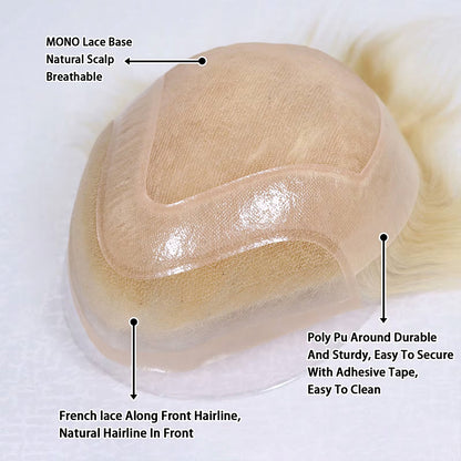 Utoupee #613 Blonde Men's Human Hair Toupee Hairpiece Lace + PU Thin Skin Hair Replacement Hair System