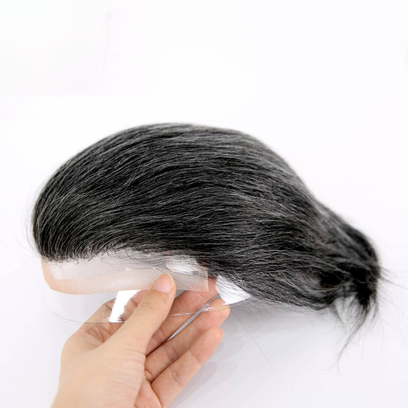 #1B60 Silver Grey Human Hair Toupee Wig Mens Replacement System Mono with PU around Base Wig Toupee