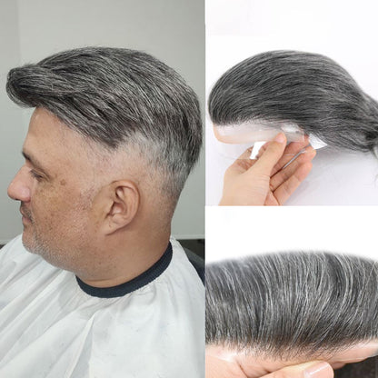 #1B60 Silver Grey Human Hair Toupee Wig Mens Replacement System Mono with PU around Base Wig Toupee