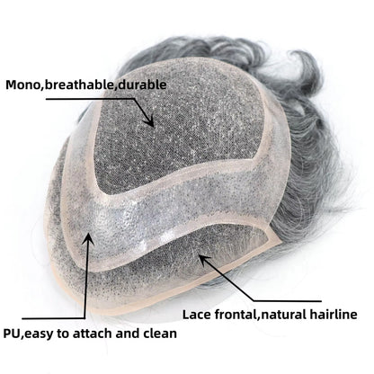 #1B80 Gray Hair Pieces High Quality Toupee Wig Mens Replacement System Mono with PU around Base Wig Toupee