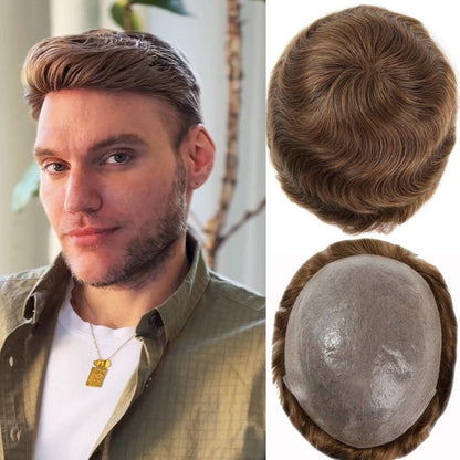 0.03mm Ultra-thin Skin Human Hair Mens Hairpiece #18 Brown Blonde V-looped 8x10 Inch