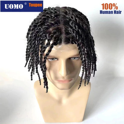 Afro Kinky Twist Crochet Braids Hair for Men Full PU Poly Thin Skin Hair Piece Mens Wig
