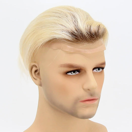 Ombre Blonde Men's Human Hair Toupee Wig Mens Replacement System Mono with PU around Base Wig Toupee