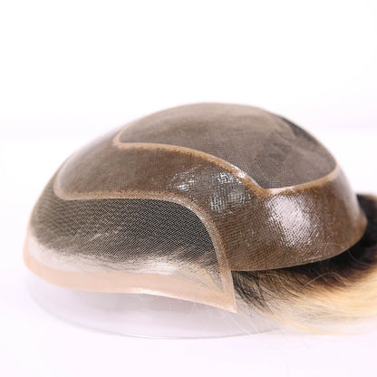 #01 Black Rooted Blonde Ombre Human Hair Toupee Wig Mens Replacement System Mono with PU around Base Wig Toupee