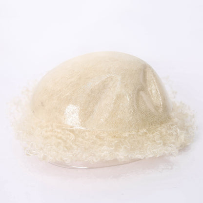 #60 Platinum Blonde 6mm Curly Wave Full Poly Skin Base Human Hair Toupee Wig for Afro Mens Replacement System